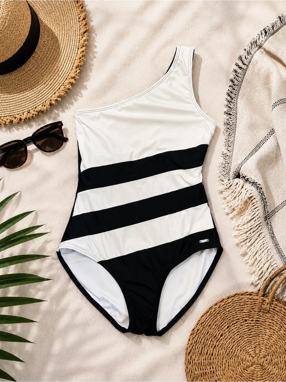 DKNY One Shoulder One Piece Swimsuit Size 10 Black White Colorblock Stripe - Picture 3 of 15